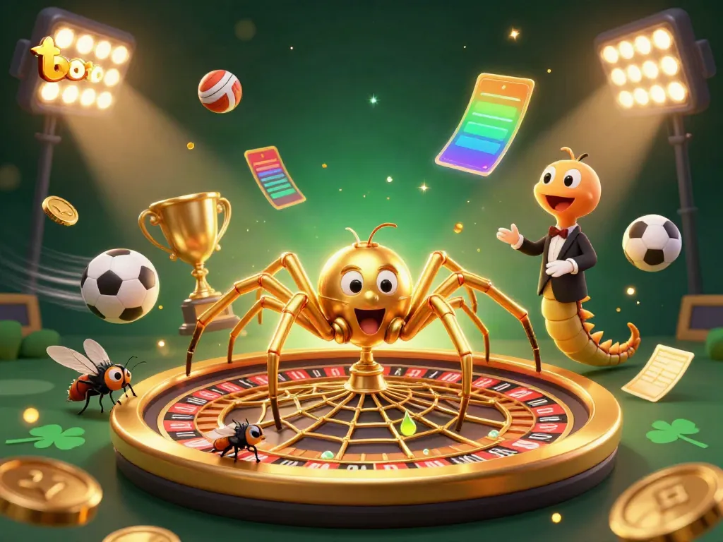Engage in thrilling bets with 'toto' amid a vibrant 3D casino scene featuring a unique roulette web.