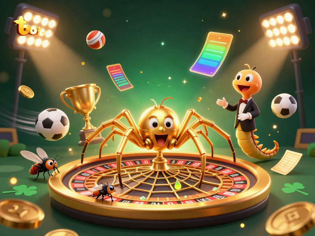 Engage in thrilling bets with 'toto' amid a vibrant 3D casino scene featuring a unique roulette web.