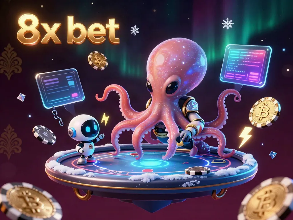 Engage in thrilling games with 8x bet and a playful alien octopus at a holographic poker table.