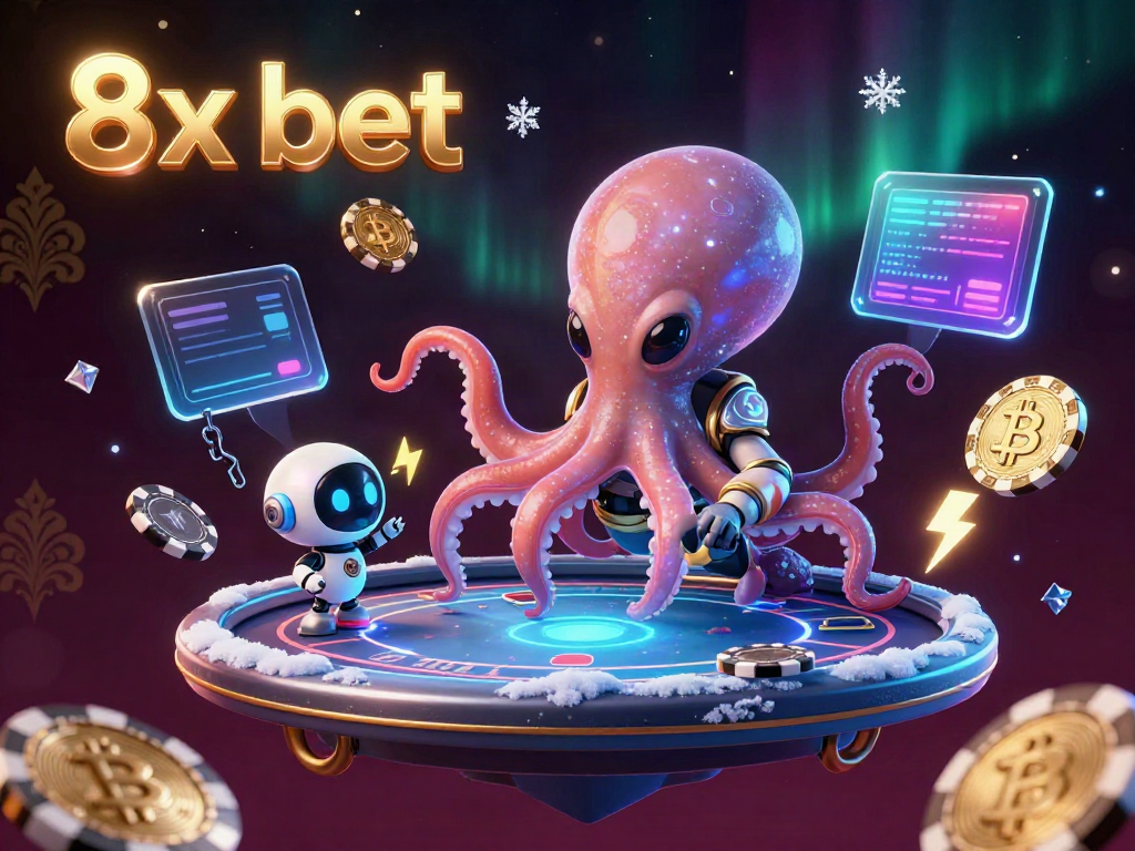 Engage in thrilling games with 8x bet and a playful alien octopus at a holographic poker table.