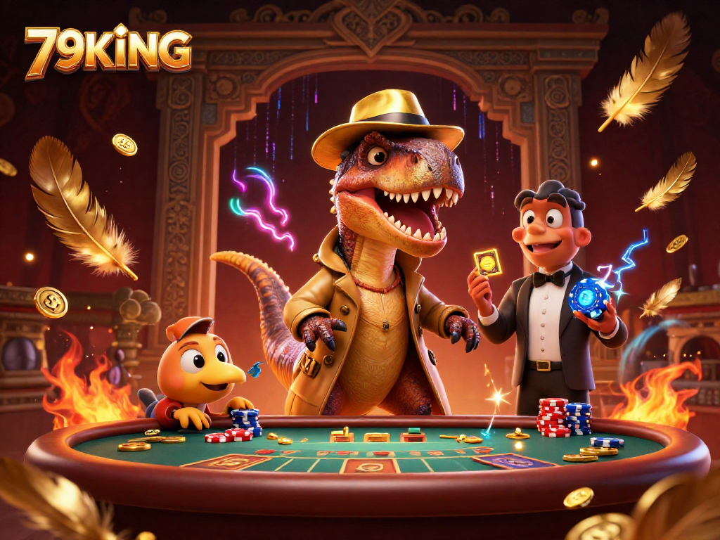 Engage with 79KING at a vibrant blackjack table featuring a velociraptor, stegosaurus, and compy.