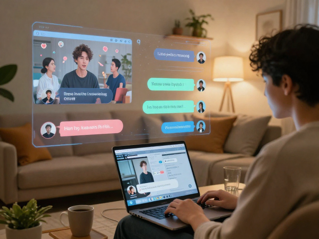 Engaging porn ai chat interaction in a cozy tech-driven living room.