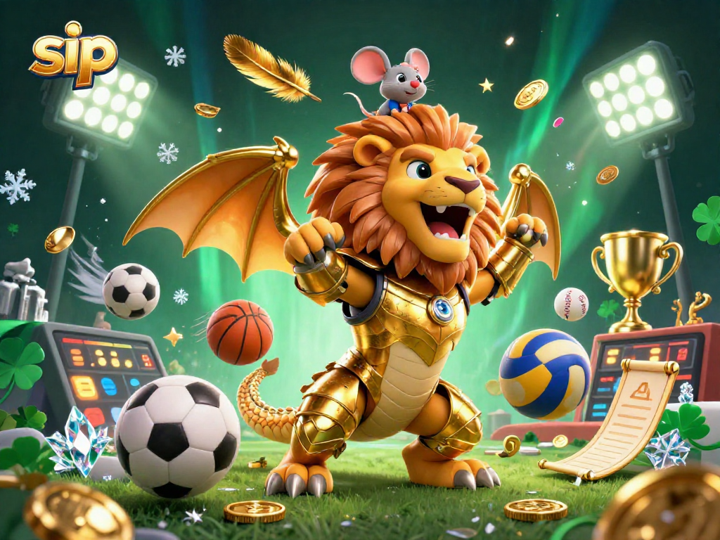 Bet on sip with a dynamic 3D chimera and sports elements in a vibrant casino scene.