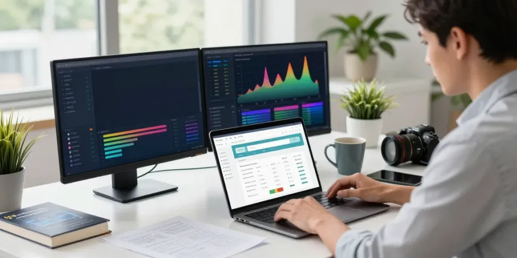 SEO specialist analyzing instant indexing metrics in a modern workspace.