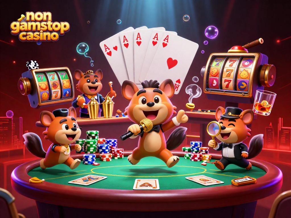 Enjoying comedy at a non gamstop casino with animated hyenas entertaining guests while playing poker.