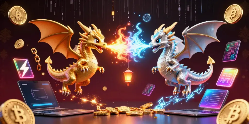 Engage with 8x bet's thrilling visuals featuring dynamic dragons, cryptocurrencies, and vibrant gaming elements.