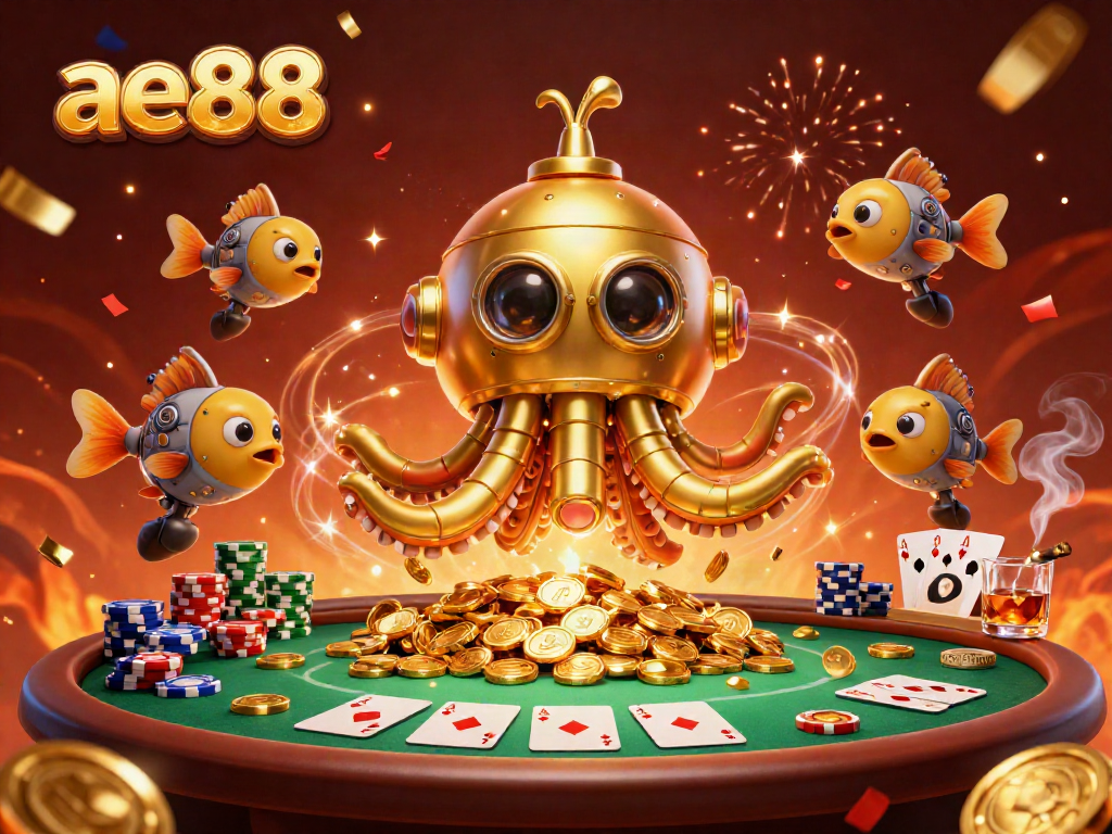 Win big at ae88 with the magical kraken submarine amidst poker excitement and golden coins.