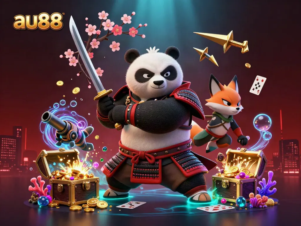 Engage with exciting gaming action at au88, featuring a heroic panda samurai amidst vibrant casino elements.