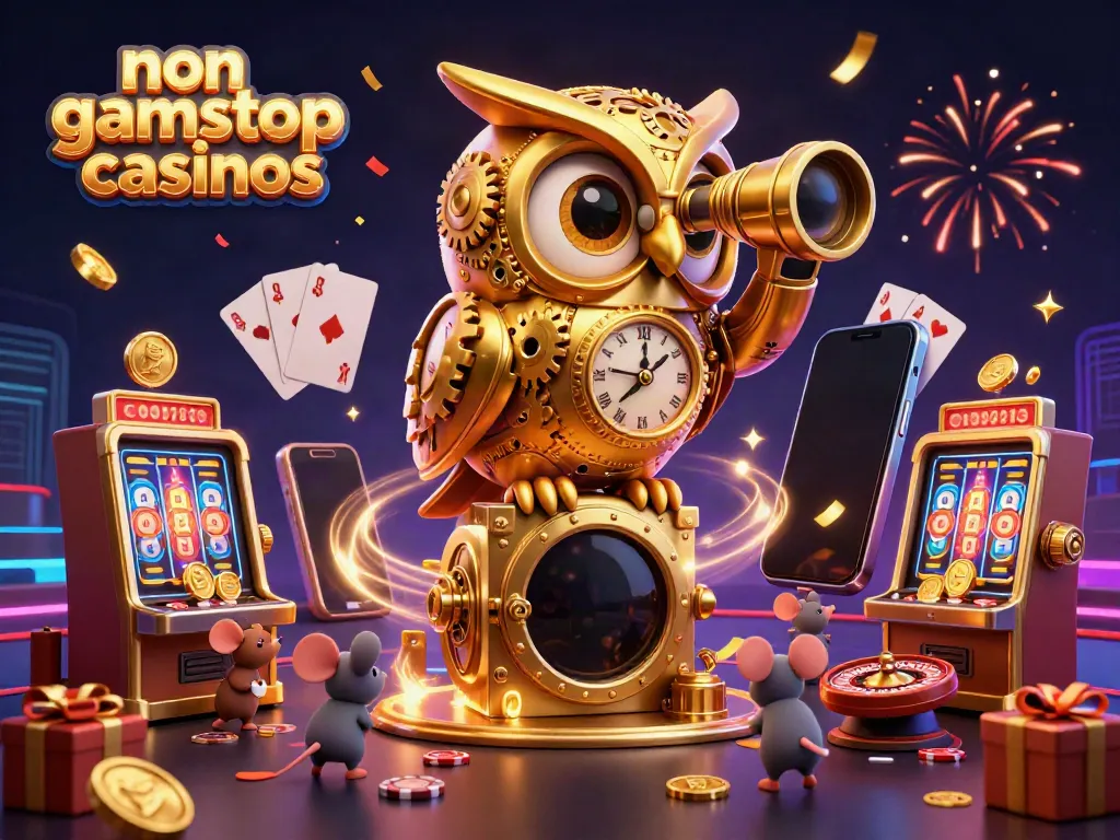 Experience the excitement of non gamstop casinos with a whimsical 3D owl overlooking vibrant gambling action.
