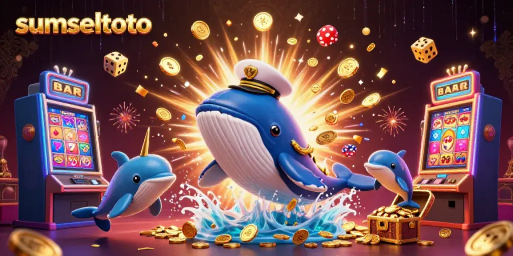 Sumseltoto showcases a vibrant underwater casino scene with a whimsical whale and playful dolphins.