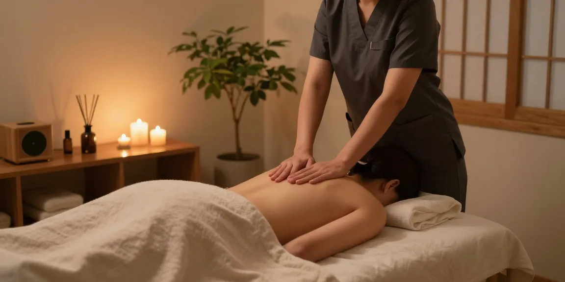 Relaxing home spa scene featuring professional 모란출장마사지, candles, and essential oils.