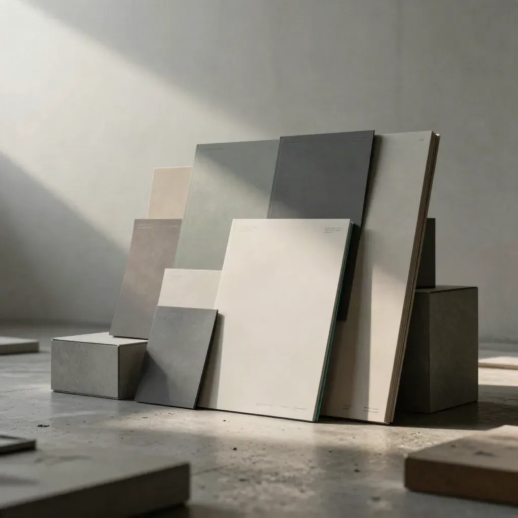 Moody design studio install of brand boards, paper swatches and packaging in rain-lit haze.