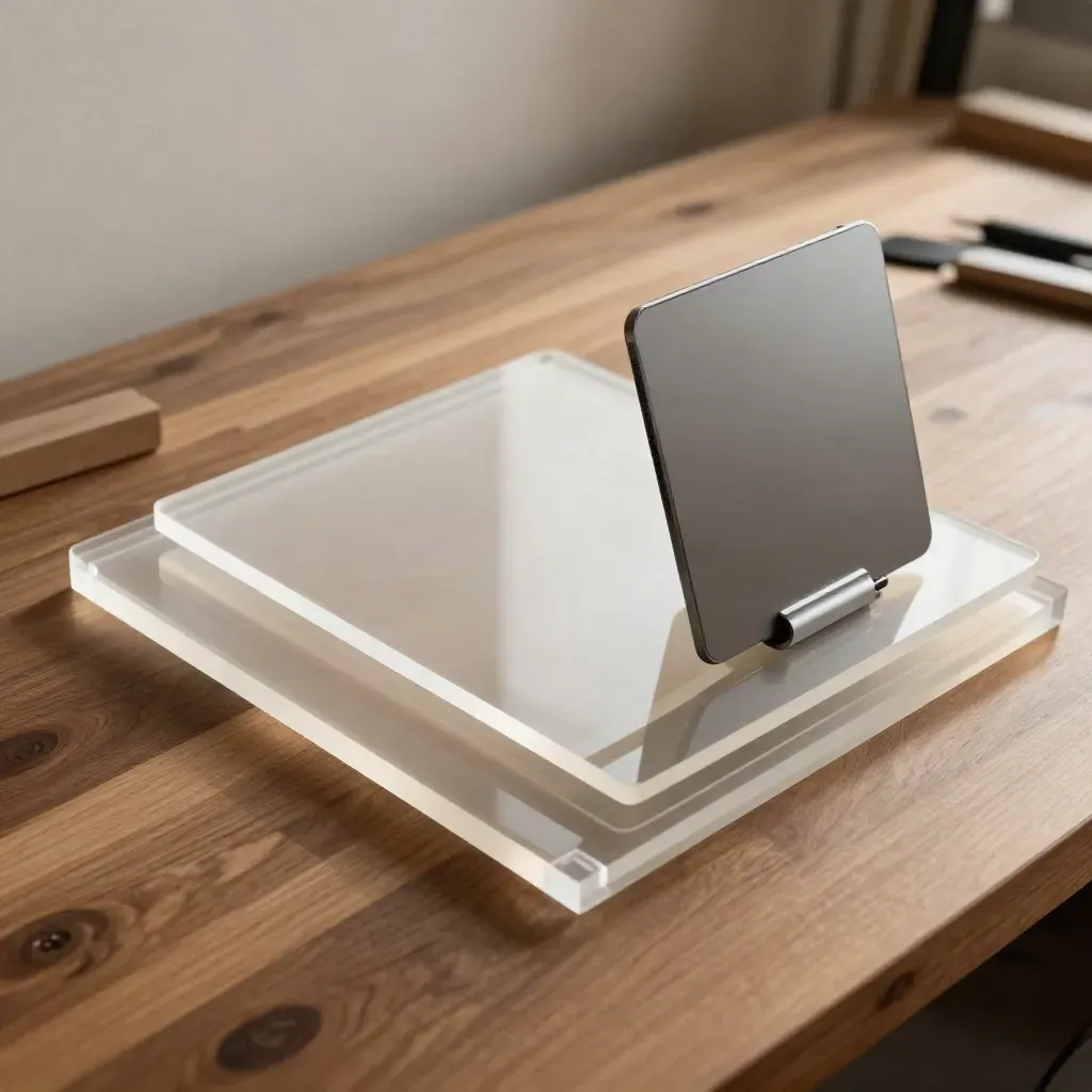 Translucent UX/UI mockup pieces on a walnut workbench with a tablet stand