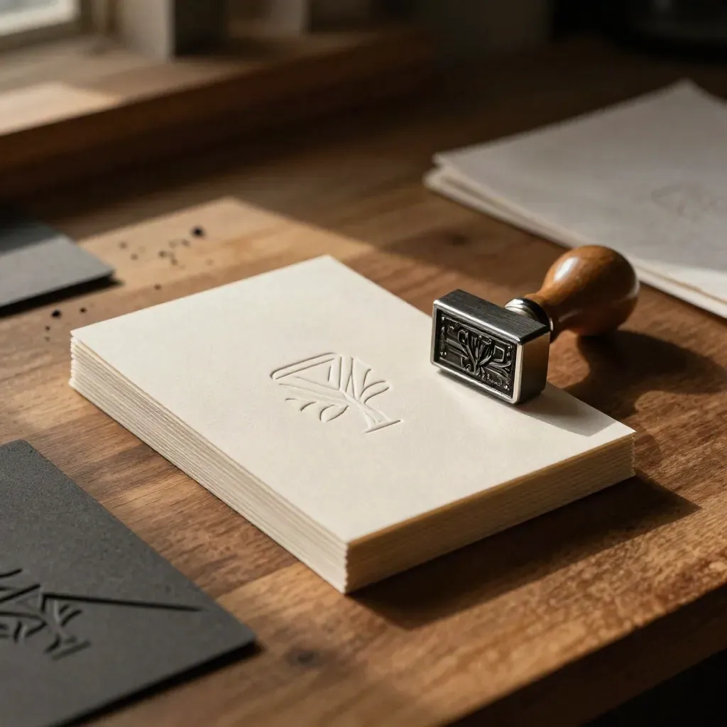 Foil-stamped logo cards with a metal stamp block on a walnut finishing bench.