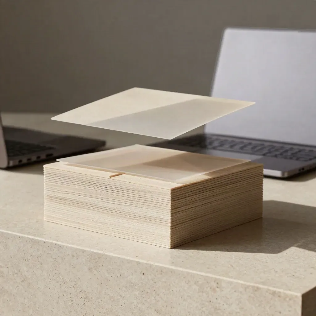 Travertine layout cards and a closed aluminium laptop frozen mid-motion in soft studio light.