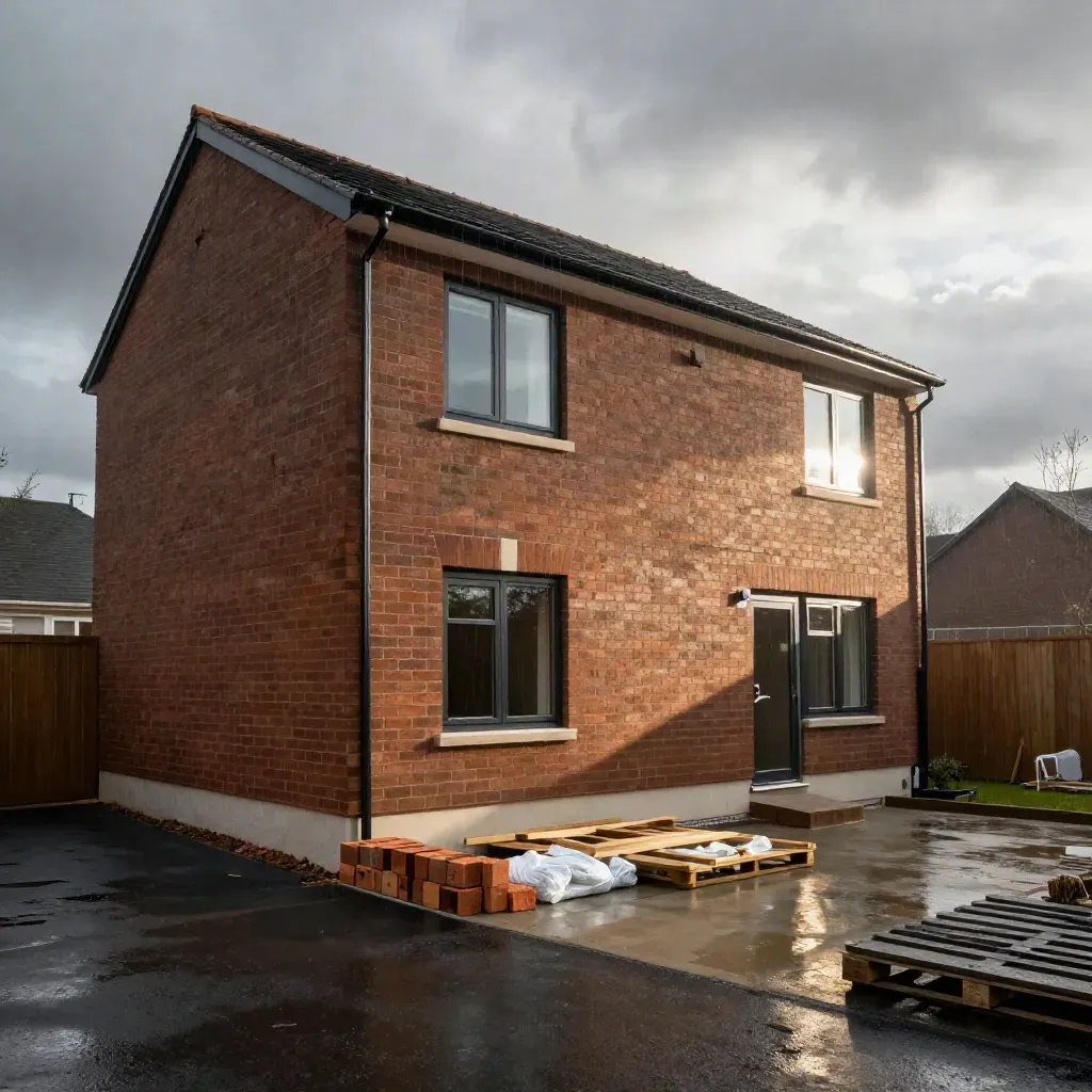 Completed brick house extension with wet driveway and stacked materials after rain