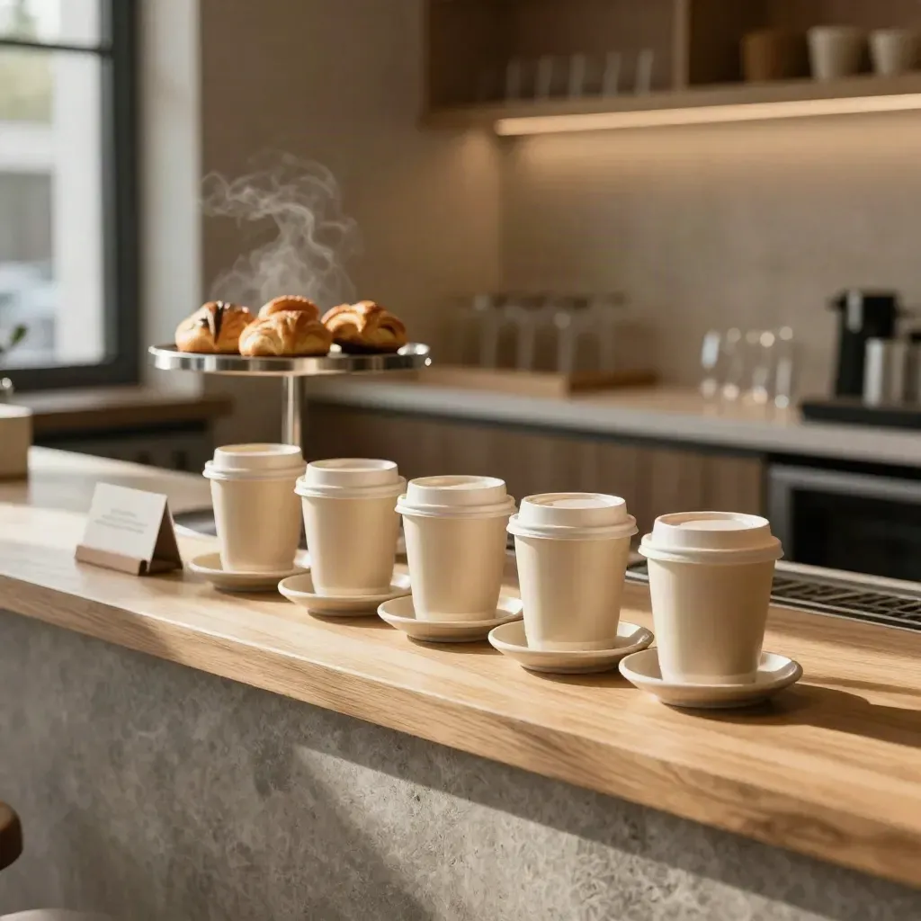 Cafe counter with aligned takeaway cups, saucers and pastry stand in warm window light.