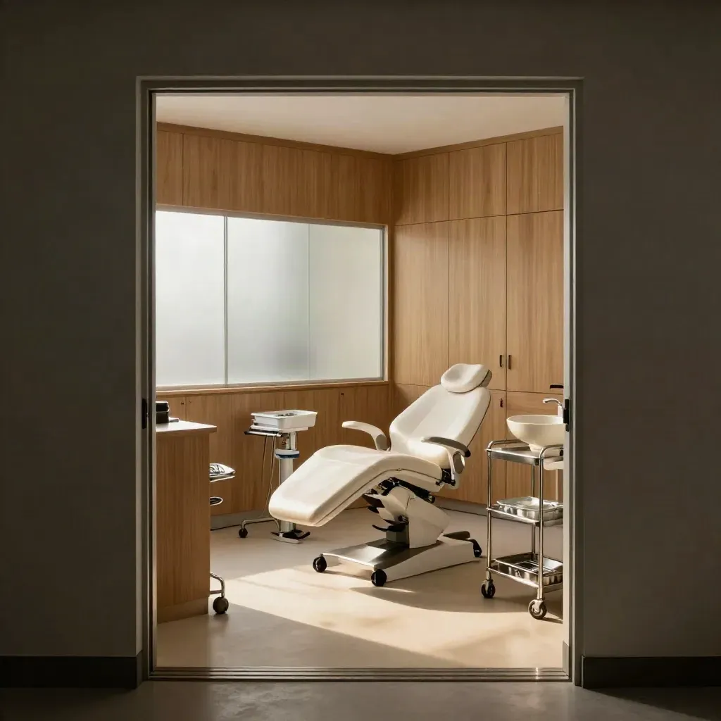 Empty dental reception with oak cabinetry, frosted glass, white chair and sterile trays in soft daylight