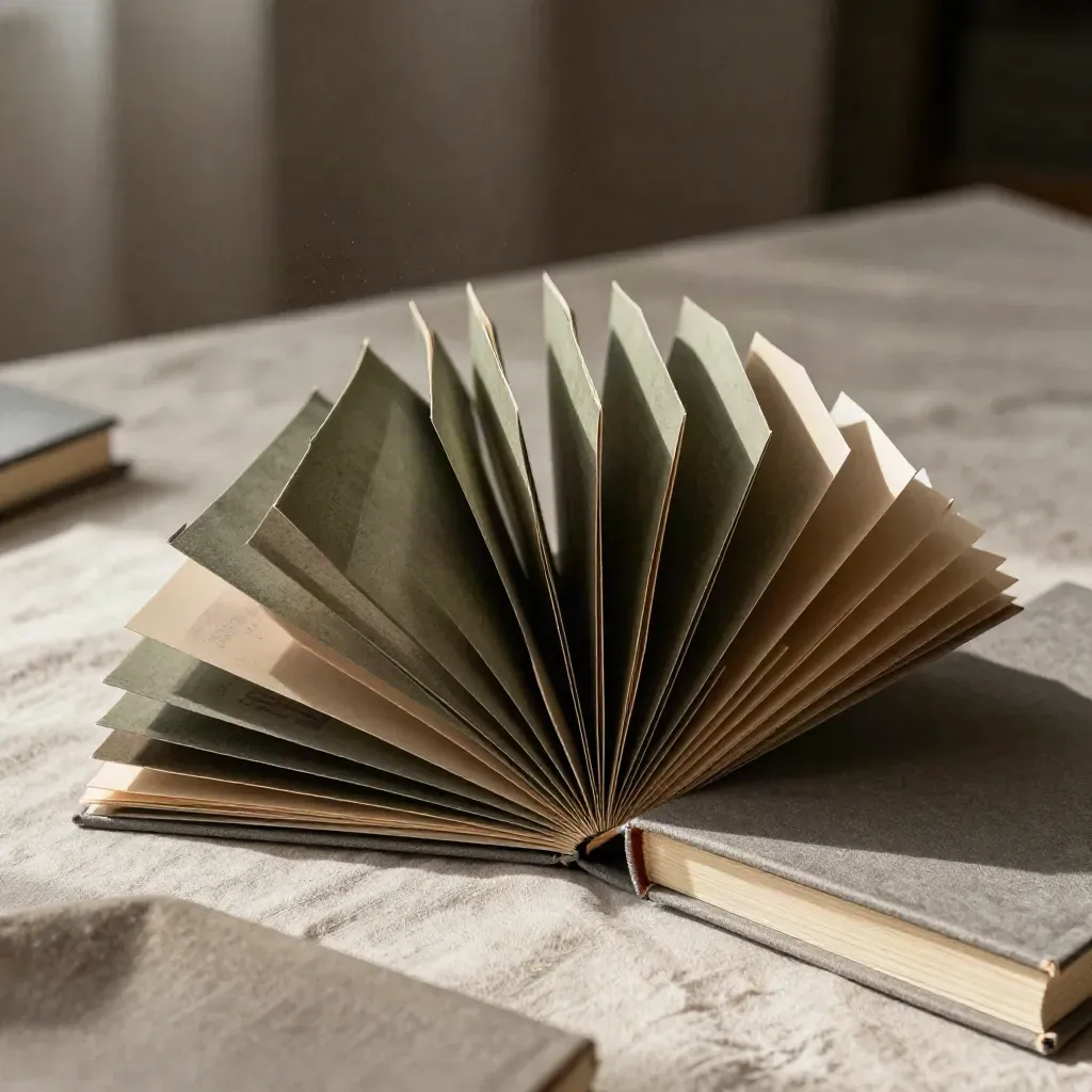 Brochure mockup, paper stock fan, and closed proof book on linen table in dramatic light