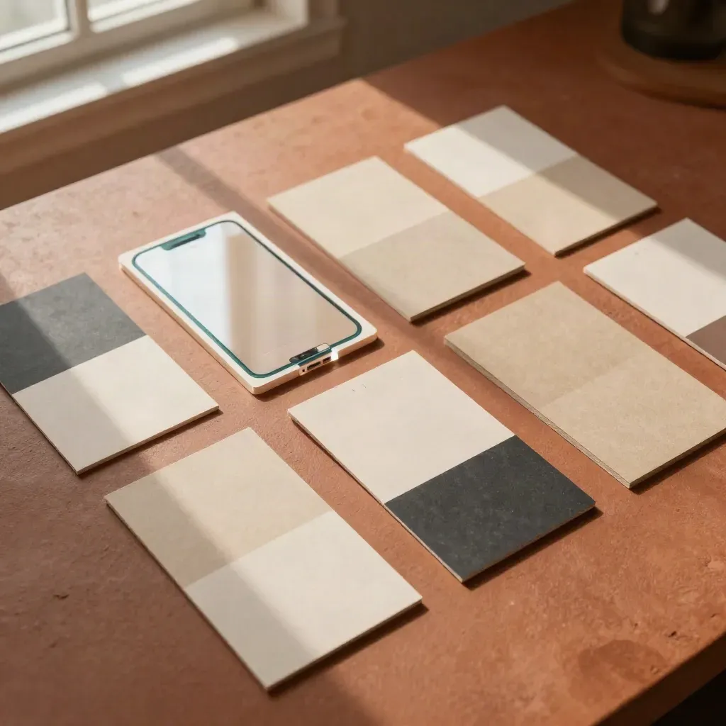 Top-down of social media template cards, acrylic phone mockup, and cover boards on a warm studio surface.