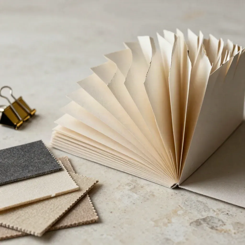 Extreme macro of neutral paper stocks, linen strip and brass clip on pale travertine.