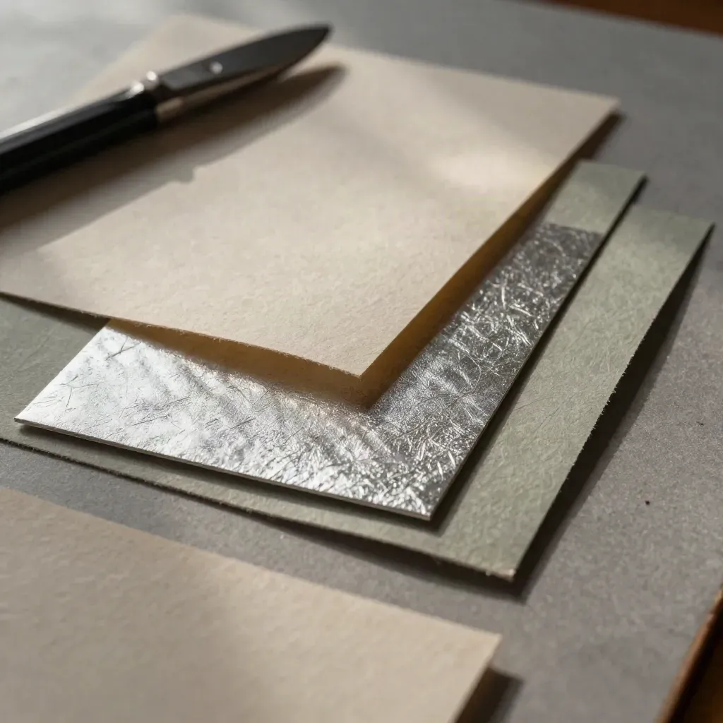 Close-up of paper swatches, foil chip, die-cut colour chips and a paper knife in soft studio light.