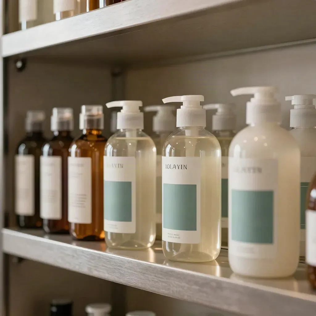 Macro of salon shampoo bottles, treatment jars and boxed sets in a mirrored niche with teal accents