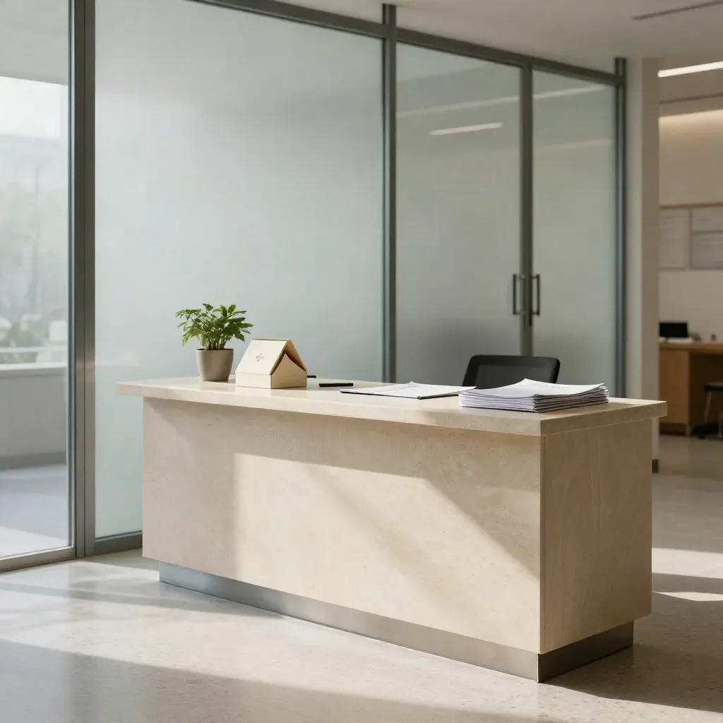 Bright clinic reception with frosted glass, launch kit box, plant, and face-down folders.