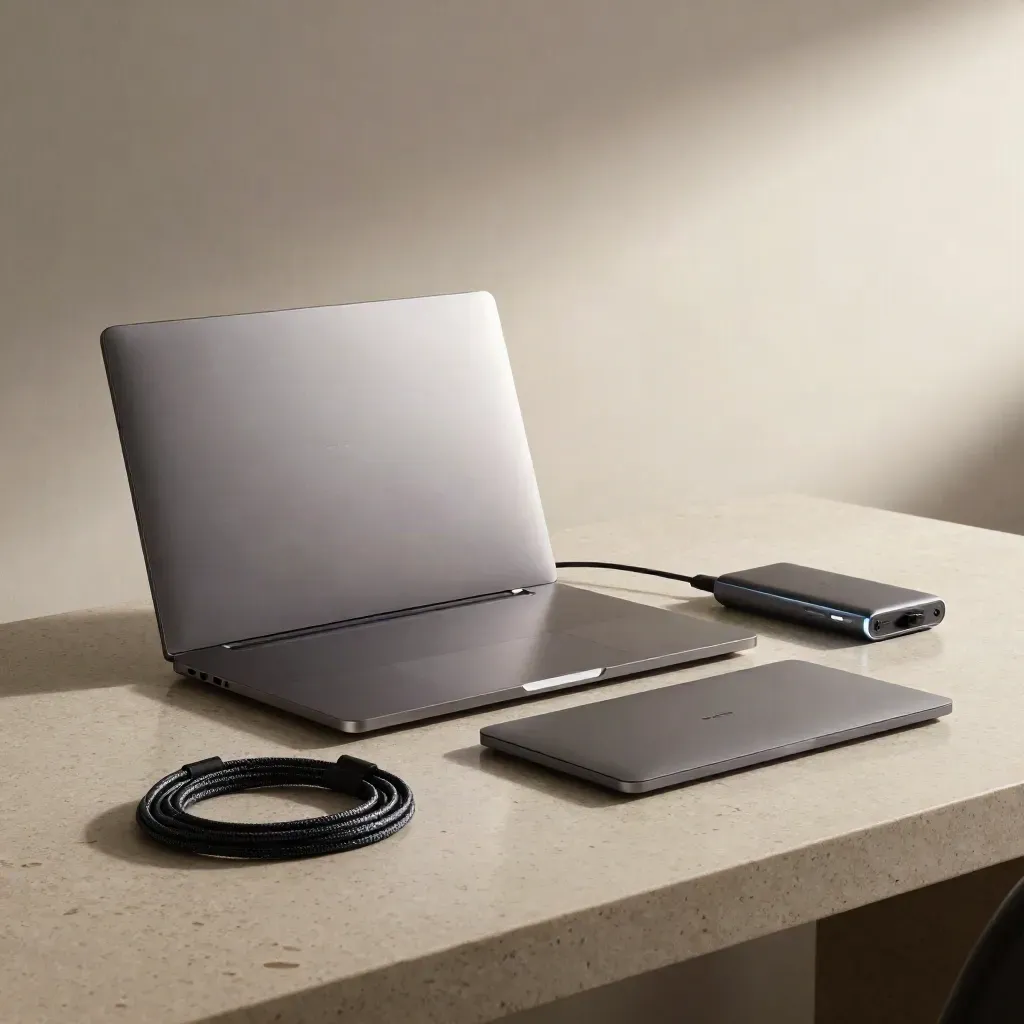 Closed laptop, external drive, trackpad and braided cable on travertine.