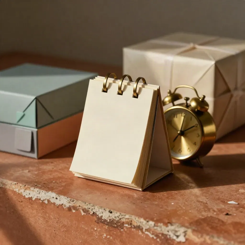 Brass clock, calendar cubes and proof box with teal tabs on terracotta surface.