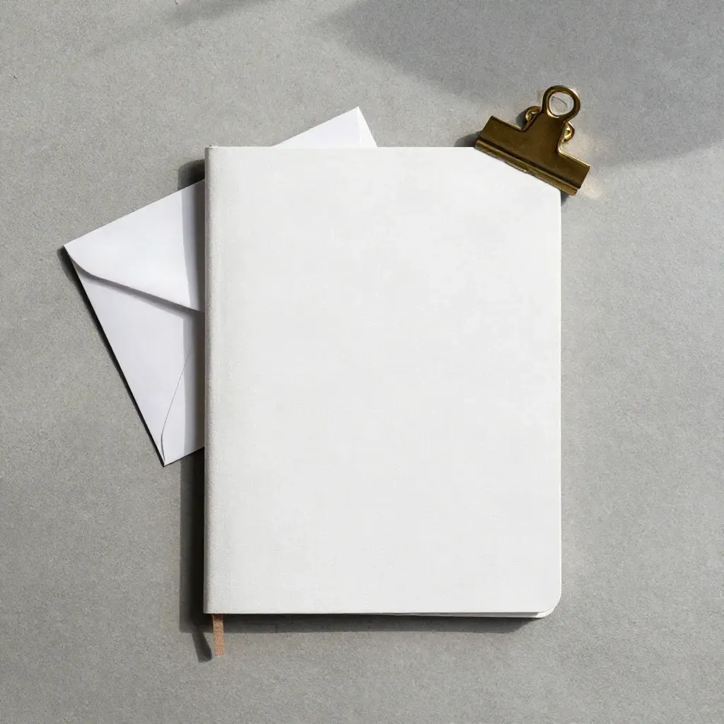 Overhead flatlay of notebook, envelope, stone sample and brass clip on concrete