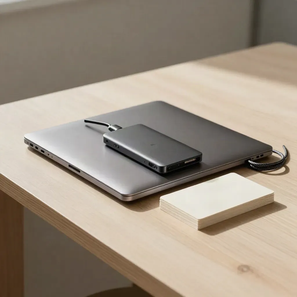 Closed laptop, SSD, braided cable and blank mockup cards on pale wood with soft side light.