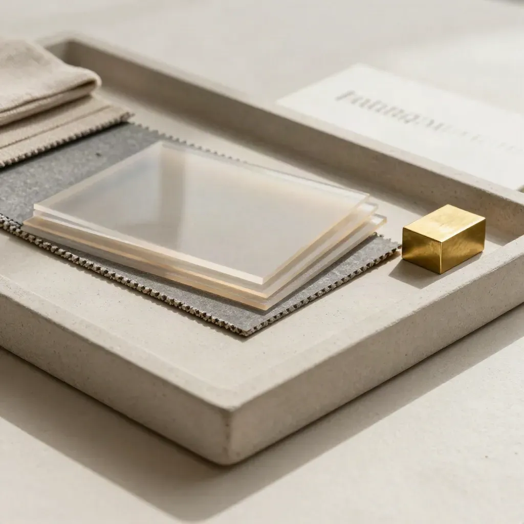 Neutral chips, acetate overlays, linen strip and brass type block on a stone tray.