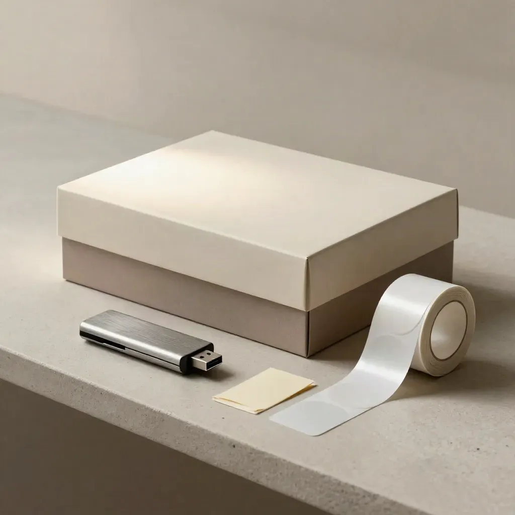 Sealed launch kit with box, USB sleeve, sample folder, and sticker roll on pale plaster