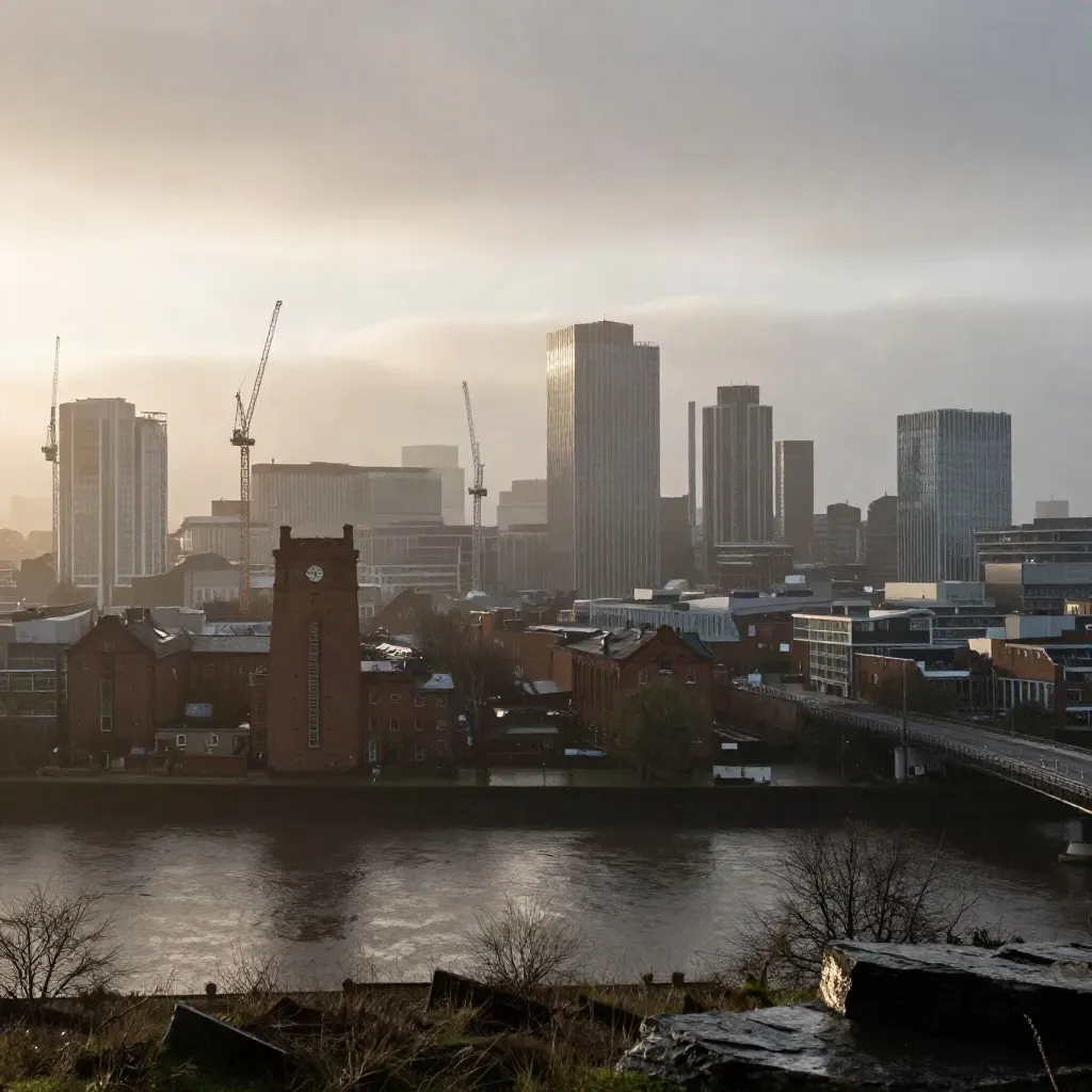 Manchester skyline and cranes above river haze at dawn from a rain-dark hillside