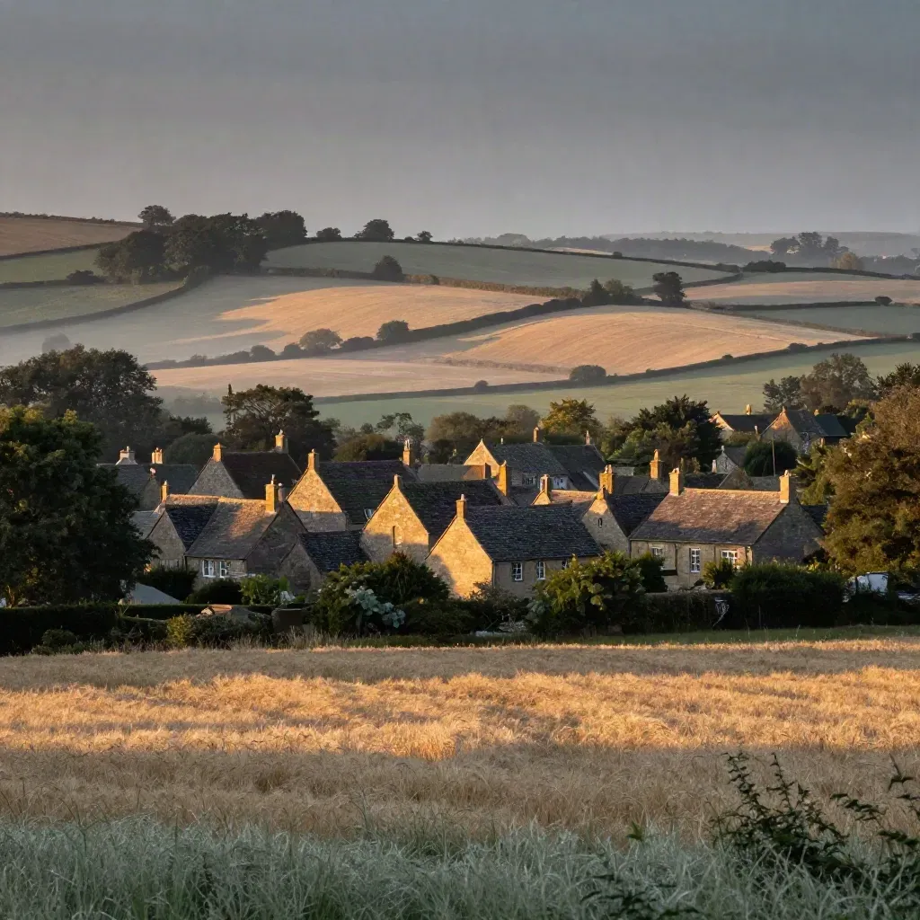 Golden Cheshire fields with sandstone roofs and soft haze, copy space below.