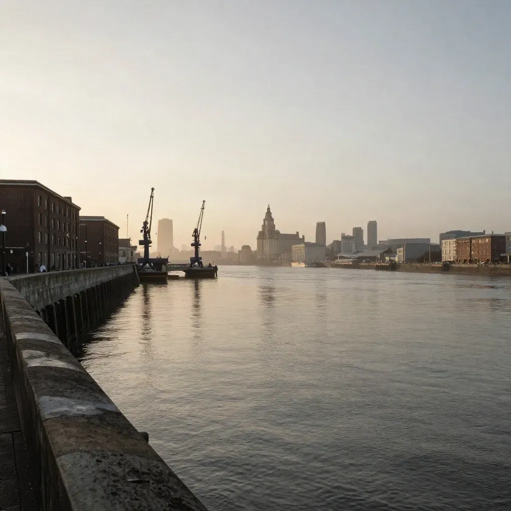 Mersey waterfront and skyline in sea mist at dusk, with calm open water below.