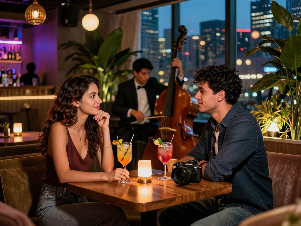 Couple enjoying nsfw cocktails in a trendy lounge with city views.