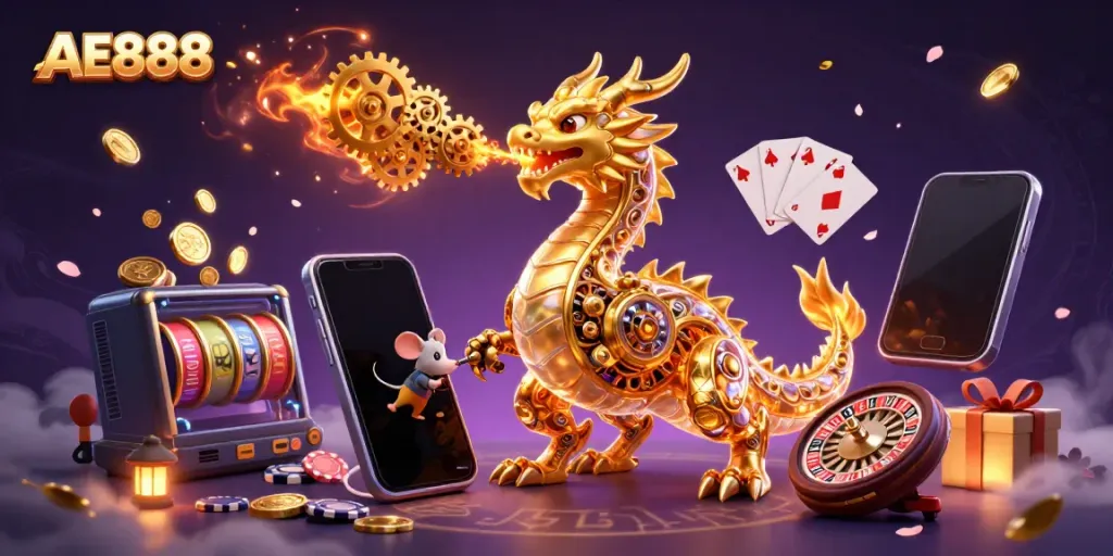 Experience the thrill of AE888 with a golden dragon amidst casino games and colorful elements.