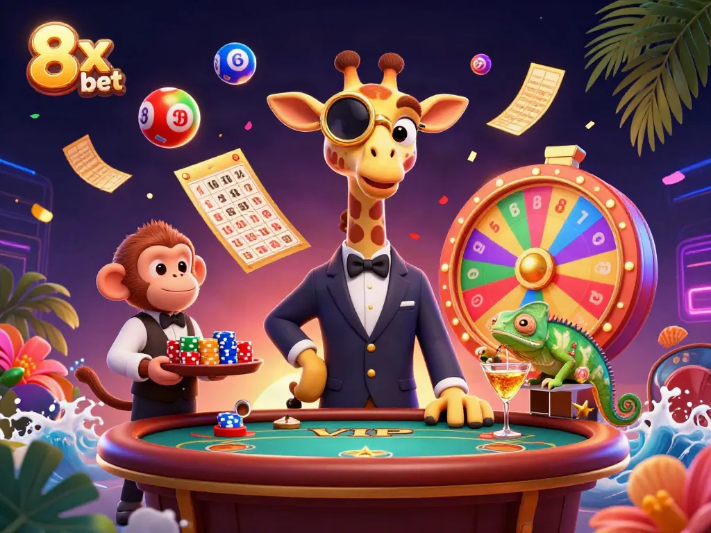 Experience the thrill of 8x bet with a high-roller giraffe and vibrant casino elements in a dynamic 3D illustration.