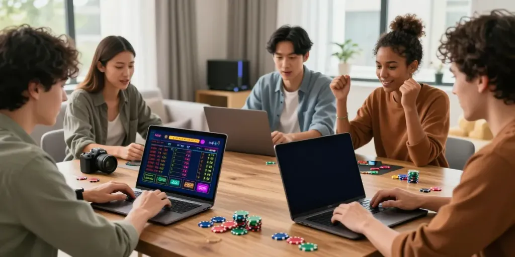 Exciting online betting moment at 9bet with friends using laptops and smartphones.