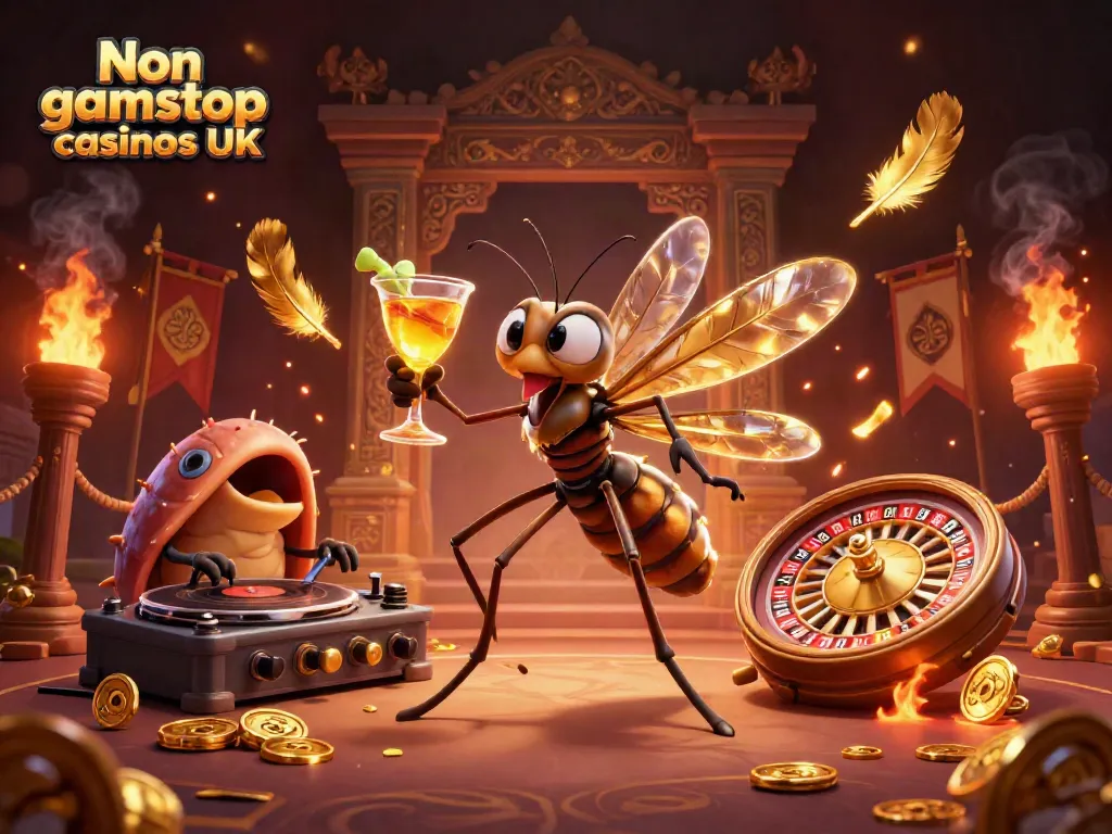 Experience fun at Non gamstop casinos UK featuring vibrant casino mascots and game elements.
