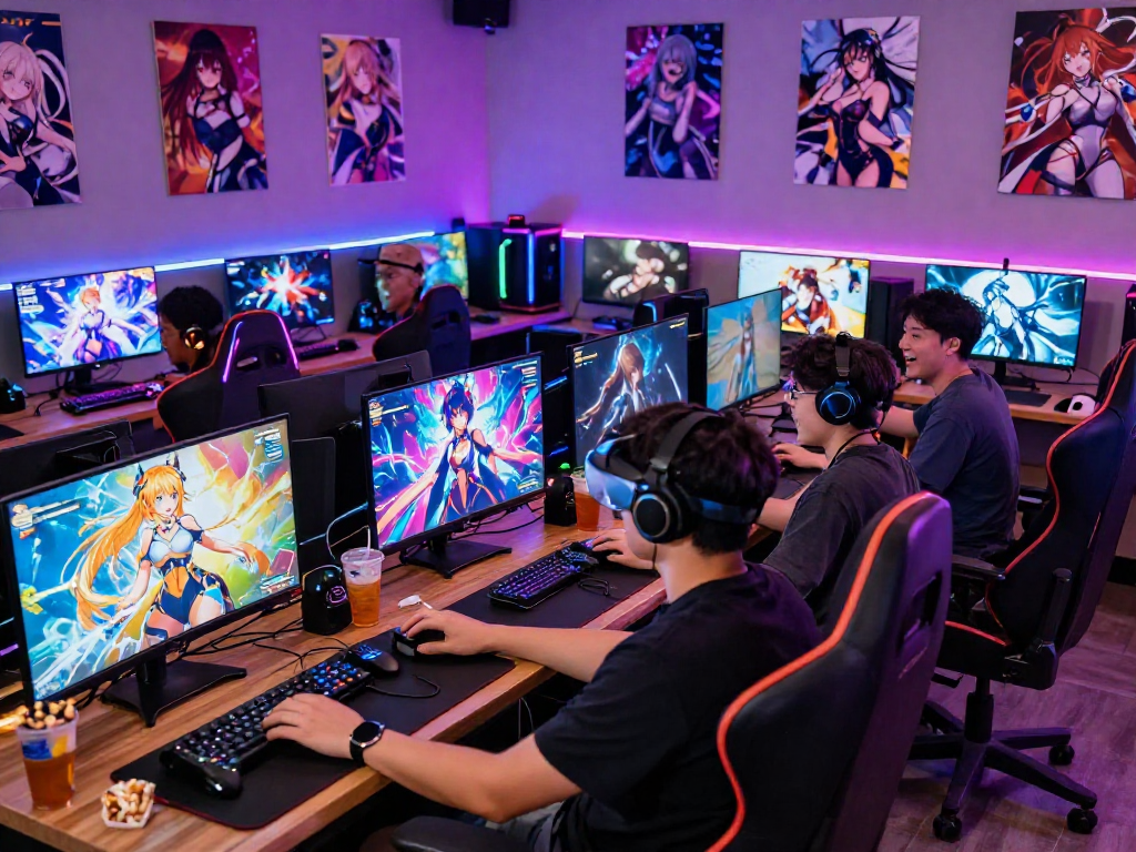 Engaged players enjoying a vibrant hentai game in a lively gaming lounge.