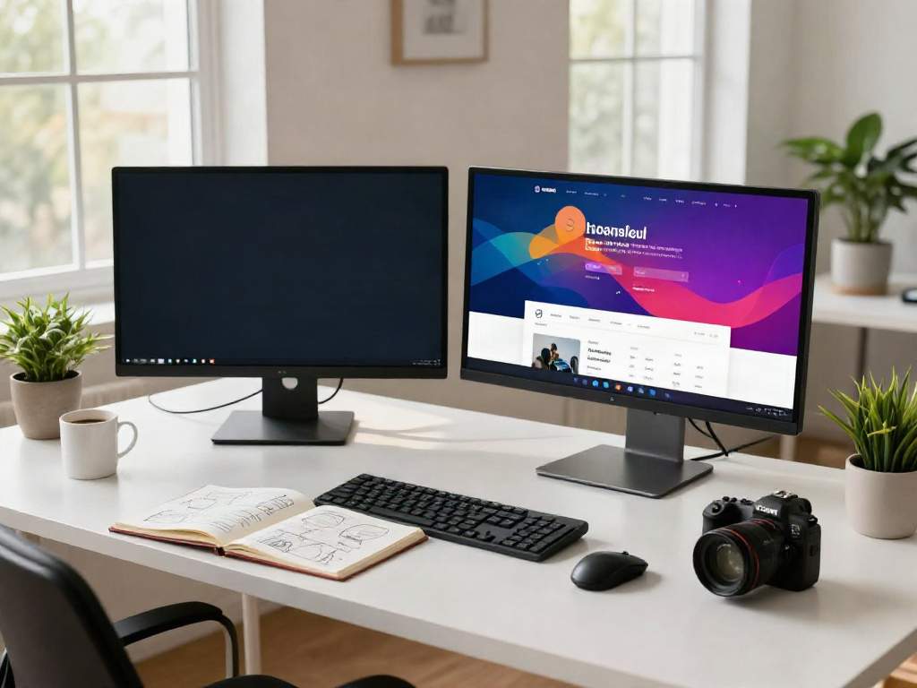 Web designer reviewing a stunning home page mockup in a modern workspace.