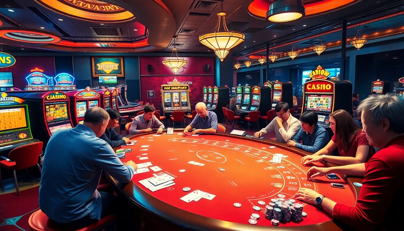 Experience the excitement of game bài đổi thưởng in an engaging casino atmosphere, complete with players at vibrant gaming tables.