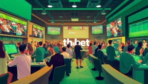 Engaged fans betting on sports in a lively thabet lounge.
