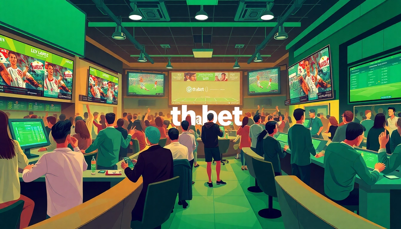 Engaged fans betting on sports in a lively thabet lounge.