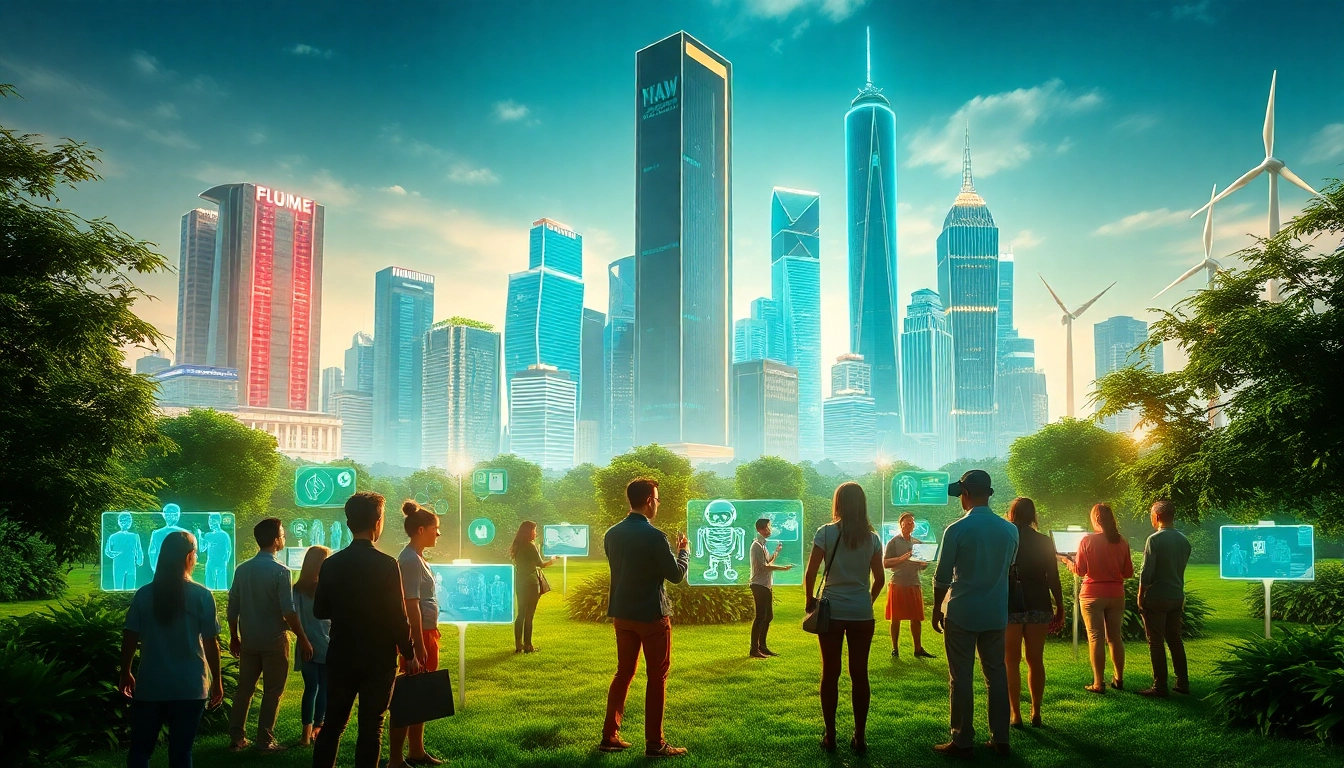 Innovative urban skyline showcasing new technology integration with holographic displays.