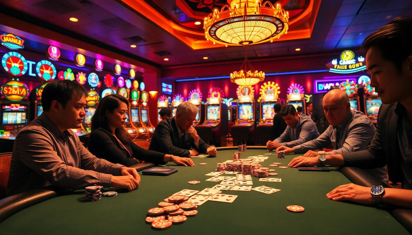 Experience the excitement of gaming at https://fb88nn.com/ with immersive casino activities featuring poker tables and vibrant slot machines.
