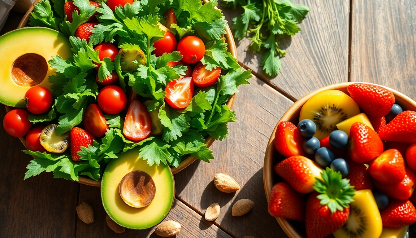 Delicious assorted Healthy Food, including colorful salads and fruits, displayed invitingly.